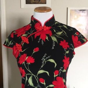 Traditional Rose Japanese Top Floral Red Black